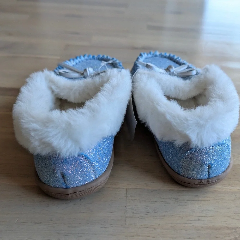 J.Crew Crewcuts Kids Glitter Slippers Size K12 Blue White Faux Fur NEW!